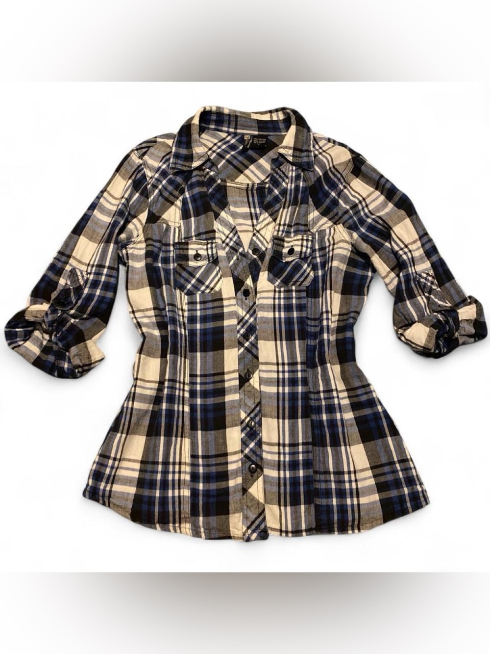 Passport Women's Blue Black and White Plaid Button-Up Shirt